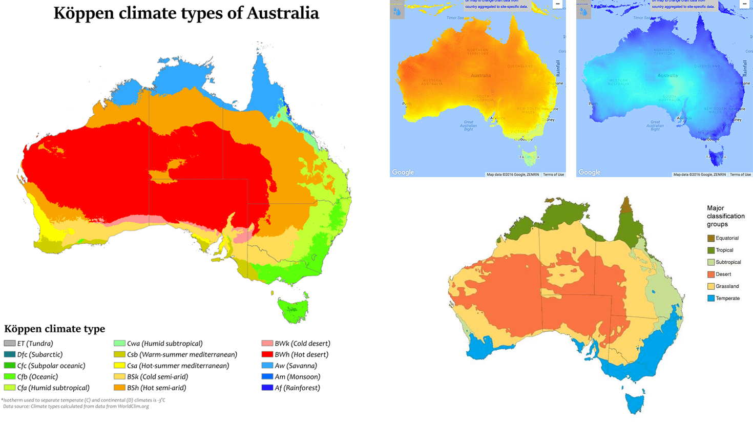 Map of Australia showcasing its diverse climates, from tropical north to arid center and temperate south