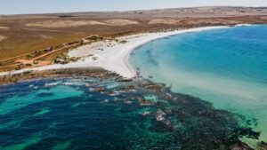 Panoramic view of Lipson Cove in Tumby Bay, showcasing a stunning seascape and rugged coastline