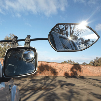 Wide-angle caravan towing mirrors, providing a clear view of traffic behind while towing a caravan