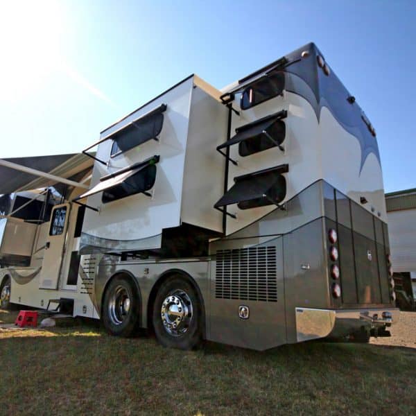 Large motorhome parked with an open window