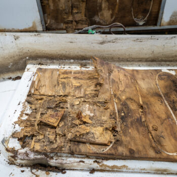 Close-up of aged caravan wood with visible wear and tear, on a white surface