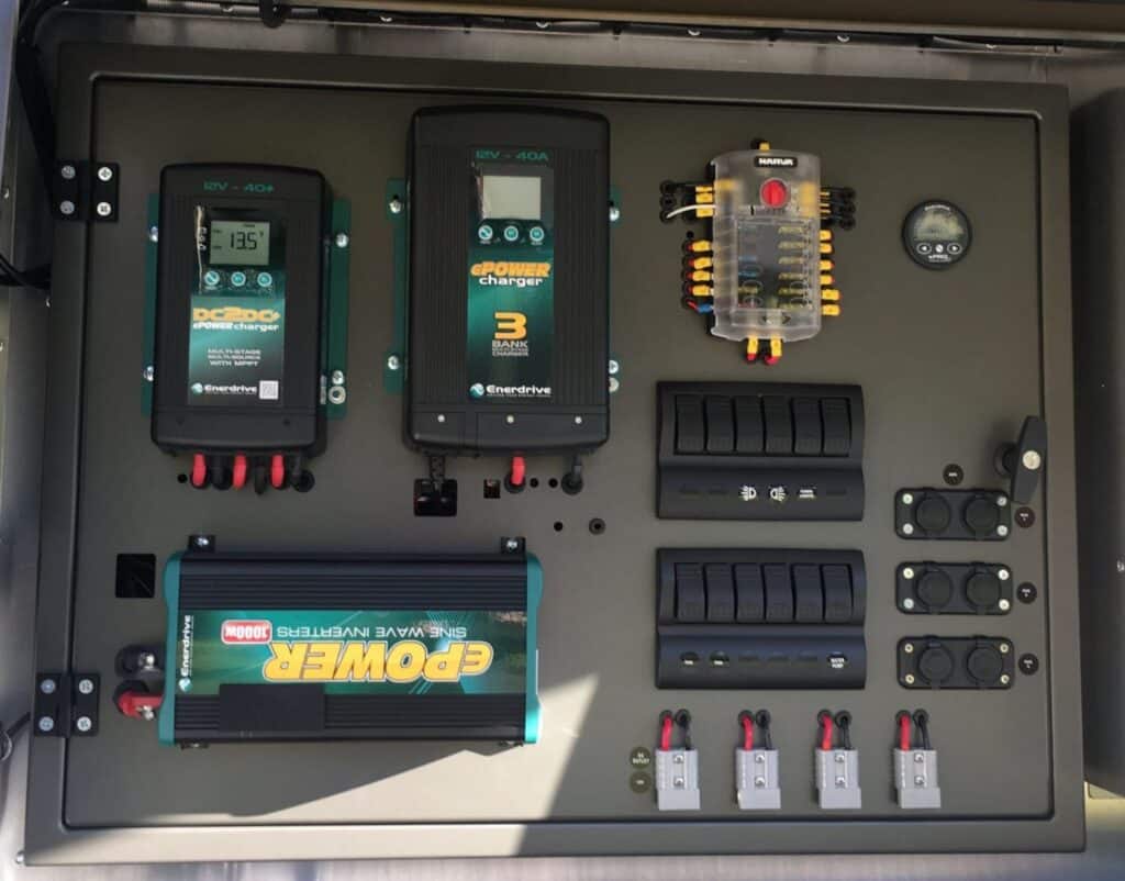 Efficient Enerdrive solar controller with MPPT and DC-to-DC charger mounted on black caravan wall